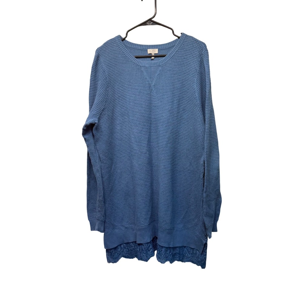 LOGO Lori Goldstein Sweater Women XL Blue Waffle Knit Lace Hem Tunic Cashmere